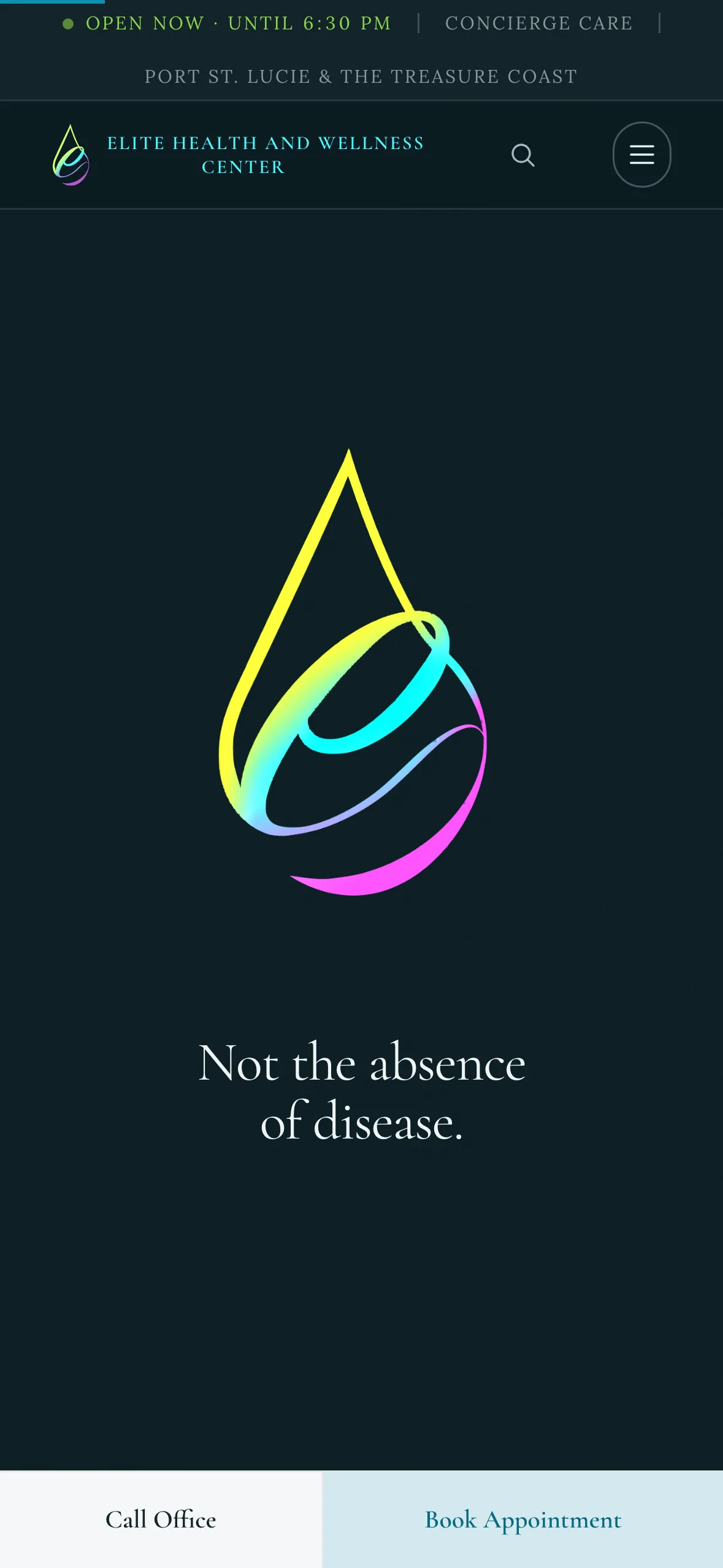 The Elite Health and Wellness Center logo, fully drawn by scroll on the home page's pinned stage, with the line Not the absence of disease beneath it, on an iPhone
