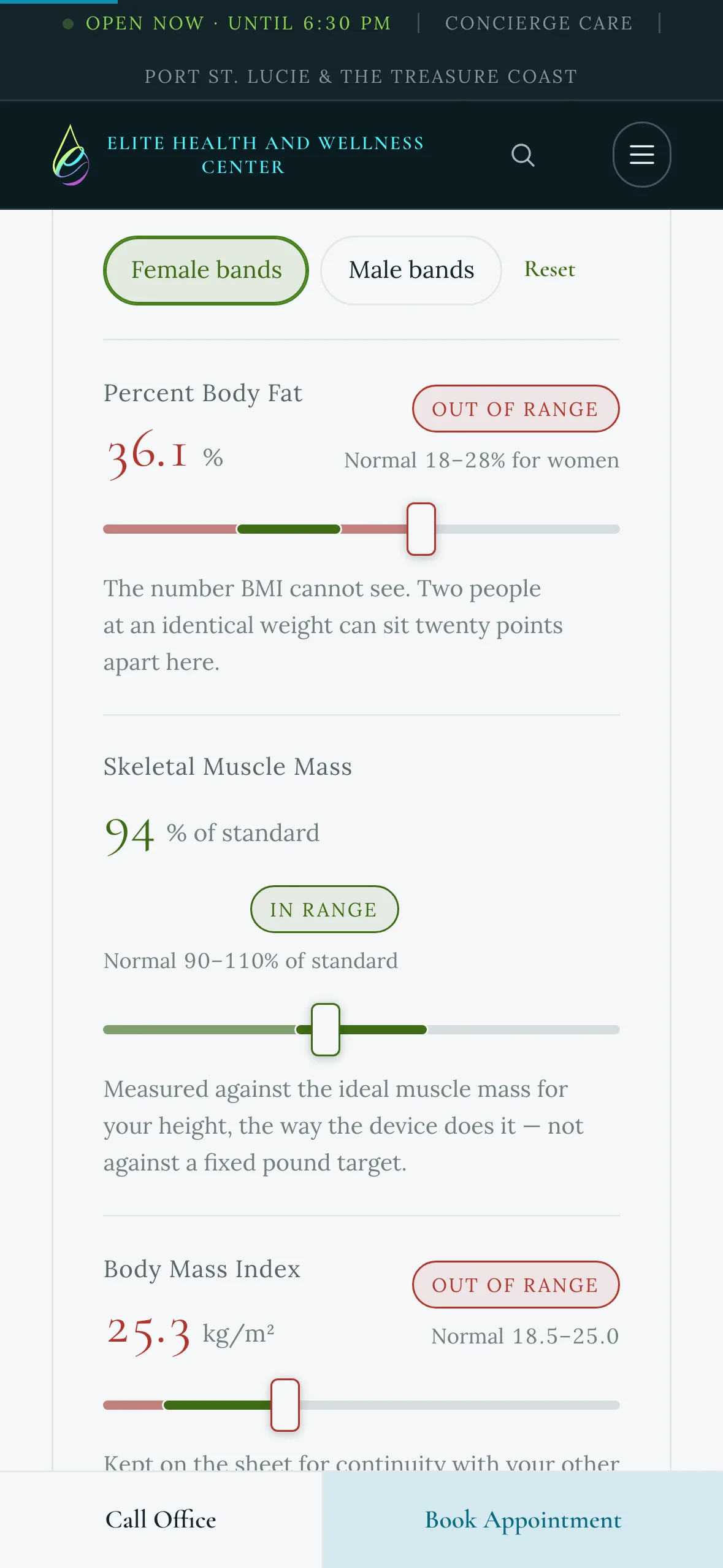 The interactive result sheet on the weight loss page: Female and Male band buttons and three body-composition readings with draggable sliders, on an iPhone